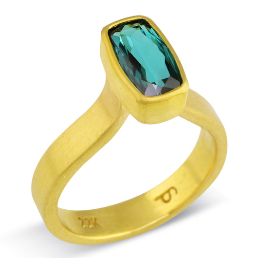 Faceted Rectangle Cushion Cut Teal Tourmaline Ring - 2023-R-030