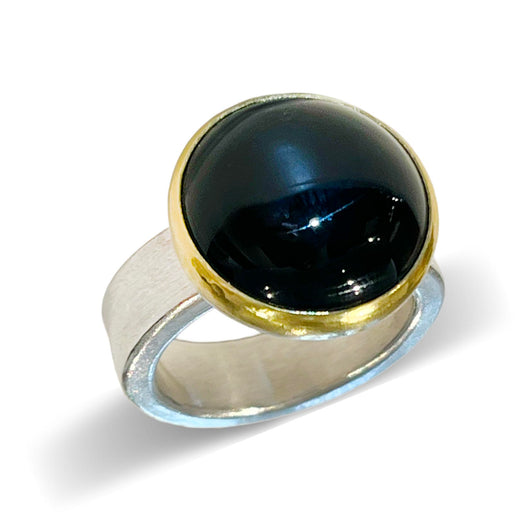 22K Gold & Silver Black Onyx Round Cabochon 6 3/4
