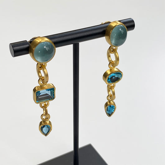 Cabochon Aquamarine and Asymmetrical Faceted Blue Topaz Earrings